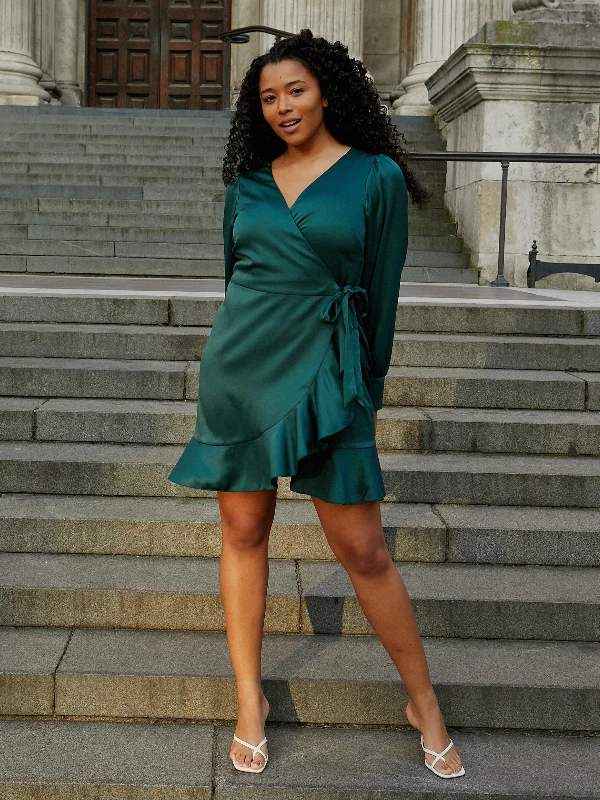 Women's mini dress flare flair -Bobbi Wrap Satin Mini Dress / Forest Green