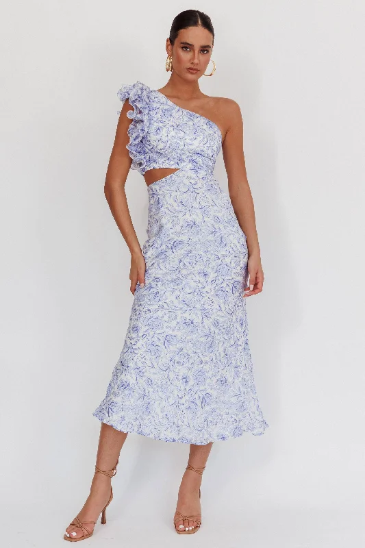 ladies-midi-dress-ivory-illume-Deanna One-Shoulder Ruffle Midi Dress Floral Blue