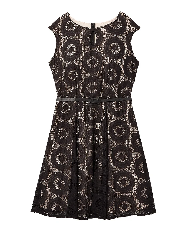 ladies-flared-dress-travel-tide-Lucy Lace Fit and Flare Dress | Black / Tan