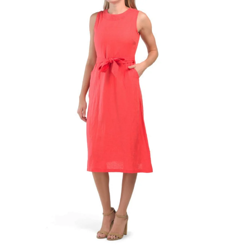 ladies-flared-dress-curvy-chic-NICOLE MILLER Linen V-Back Tie Waist Fit & Flare Midi Dress