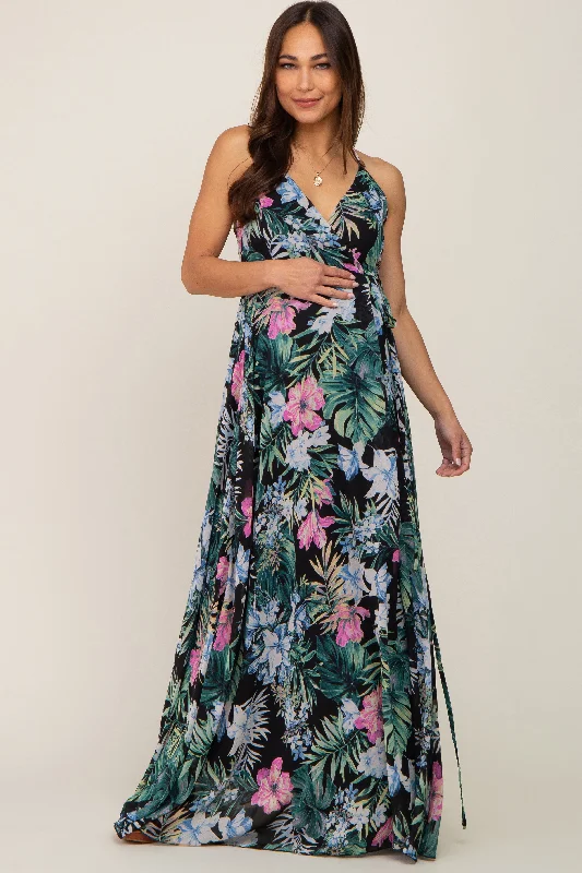 Women's maxi dress ray glow -Black Tropical Floral Chiffon Wrap Front Maternity Maxi Dress