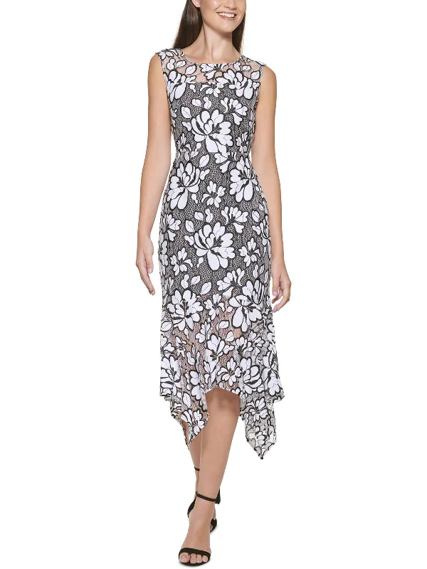 ladies-flared-dress-structured-silk-Womens Floral Netted Midi Fit & Flare Dress