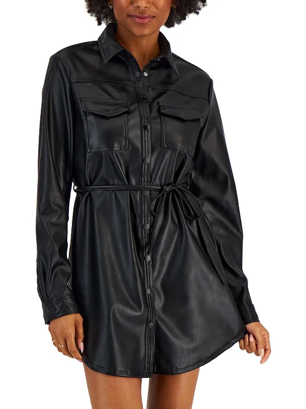 Women's shirt dress crisp pop -Womens Faux Leather Snap Front Shirtdress