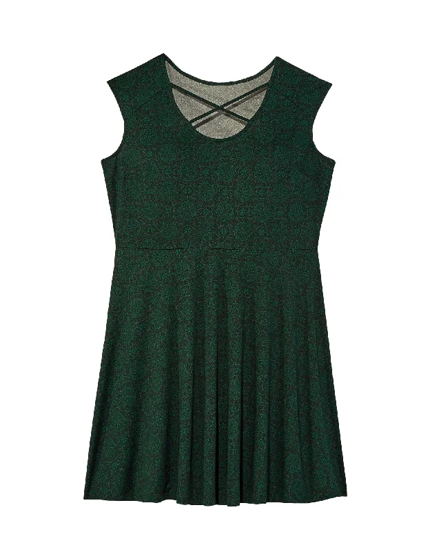 ladies-flared-dress-low-cut-lush-Ceram Criss-Cross Neck Fit and Flare Dress | Forest Green / Black