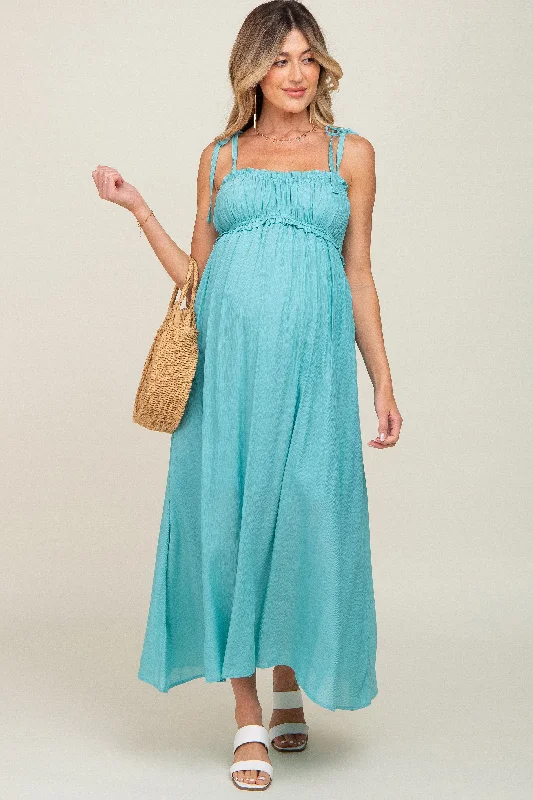 Women's maxi dress ride flair -Turquoise Sleeveless Ruffle Trim Maternity Maxi Dress