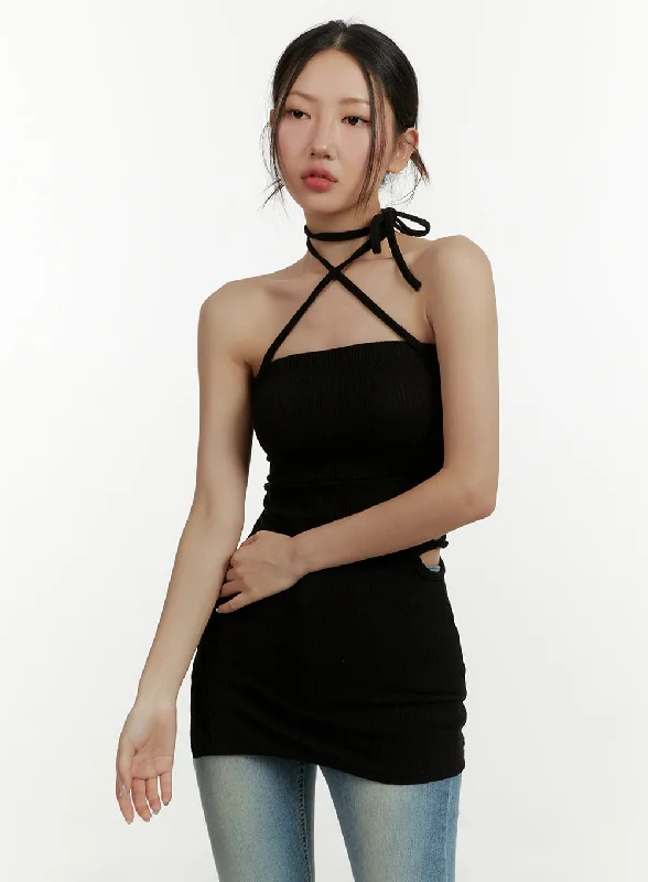 Women's mini dress wing flair -Halter Side Cut Mini Dress CY409