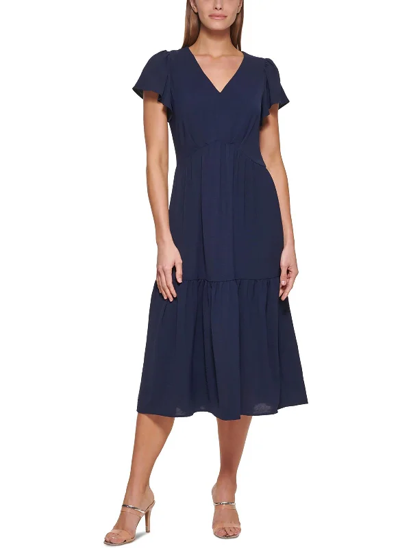 ladies-flared-dress-square-sweep-Womens Crinkle Midi Fit & Flare Dress