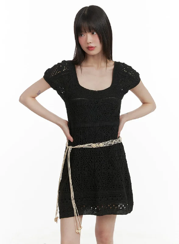 Women's mini dress wing flair -Solid Crochet Mini Dress CA411