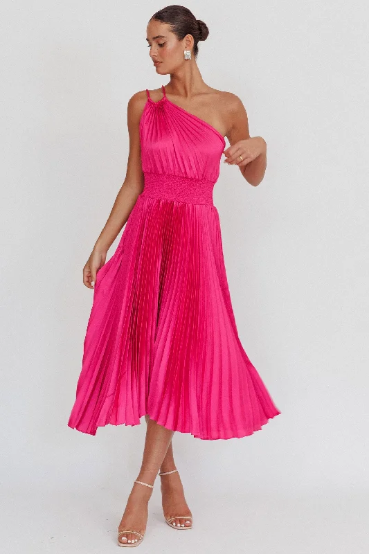 ladies-midi-dress-bold-bloom-Calissa One Shoulder Pleated Midi Dress Magenta