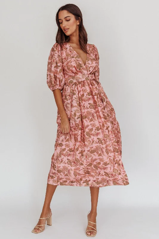 ladies-midi-dress-yellow-yield-Doris Floral Puff Sleeve Midi Wrap Dress Blush