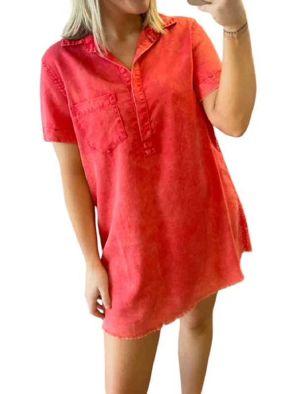 Women's shirt dress sway chic -Washed Denim Shirt Dress In Washed Red