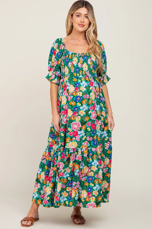 Women's maxi dress free glow -Green Floral Smocked Puff Sleeve Maternity Maxi Dress