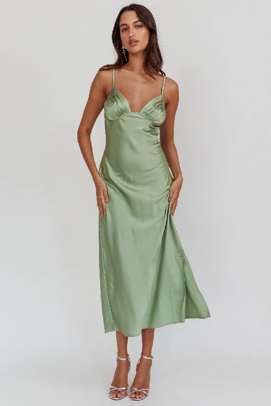 ladies-midi-dress-social-silk-Felicity Pleat Bust Split Midi Dress Sage