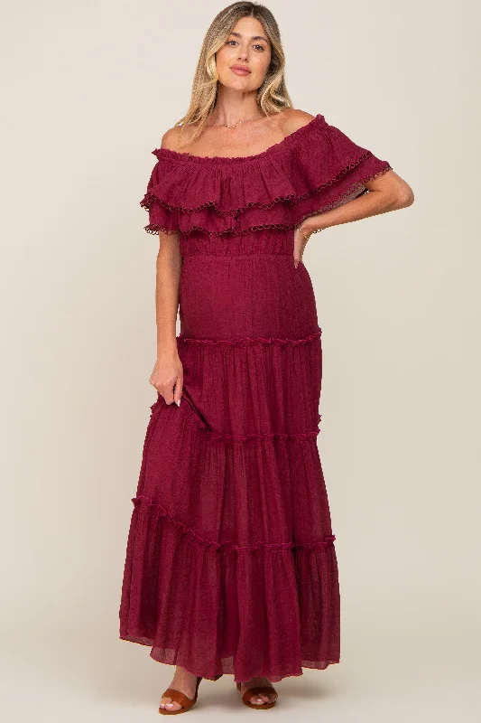 Women's maxi dress vast flair -Burgundy Off Shoulder Eyelet Tiered Maternity Maxi Dress