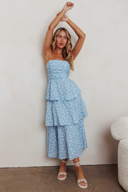 ladies-midi-dress-weekend-wisp-Lorcan Strapless Ruffle Dotted Midi Dress Blue