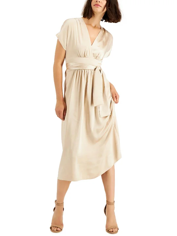 ladies-flared-dress-beige-bliss-Womens Satin Midi Fit & Flare Dress