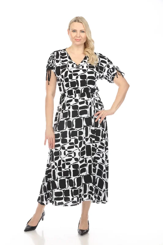 Women's maxi dress path pop -Joseph Ribkoff Vanilla/Black Geometric Print Shirred Sleeve Maxi Dress 242100