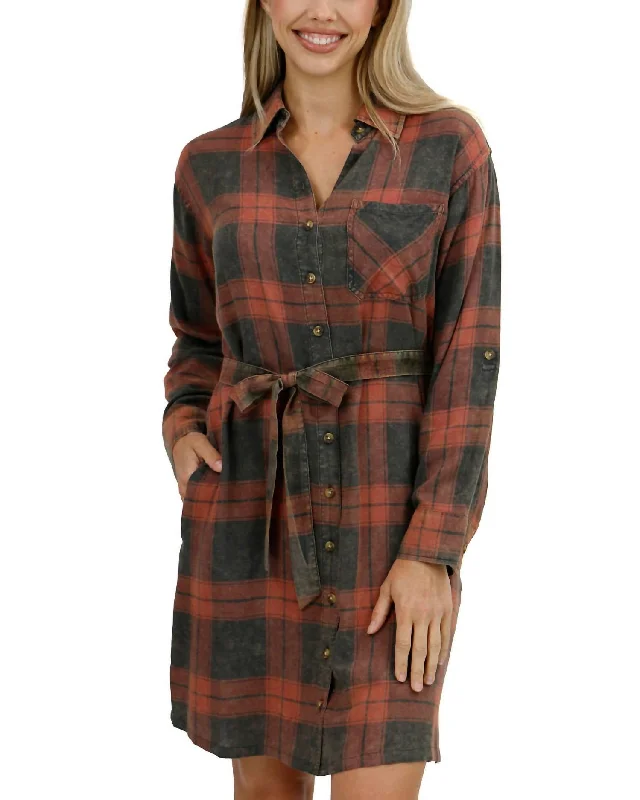 Women's shirt dress 70s glow -Aspen Plaid Shirt Dress In Washed Black/rust Plaid