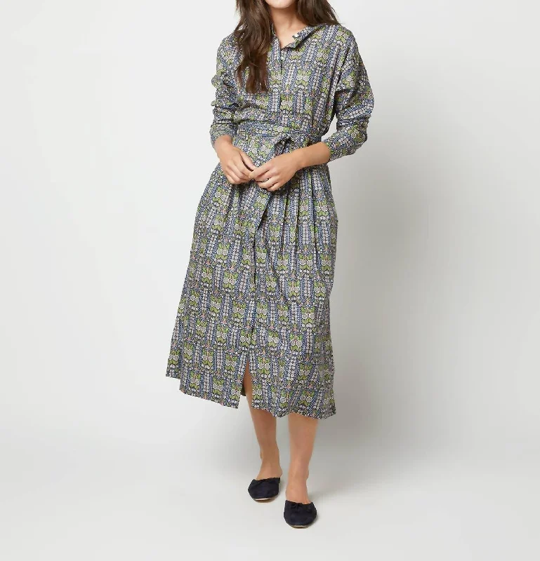 Women's shirt dress off pop -Kimono Shirtwaist Dress In Blue/green Lindsay Garden Liberty Fabric