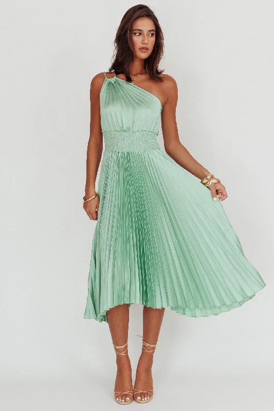 ladies-midi-dress-limited-luster-Calissa One Shoulder Pleated Midi Dress Sage