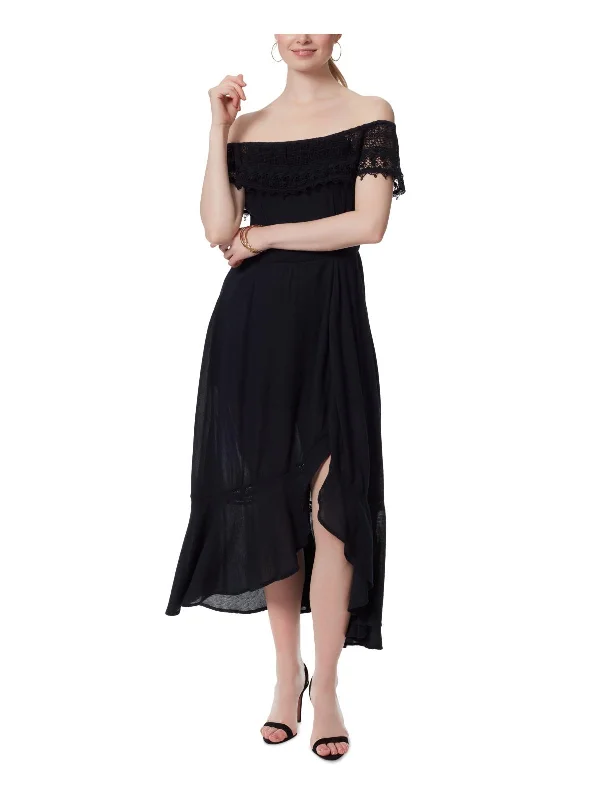 ladies-flared-dress-bell-sleeve-bliss-Womens Lace-Trim Tea-Length Fit & Flare Dress