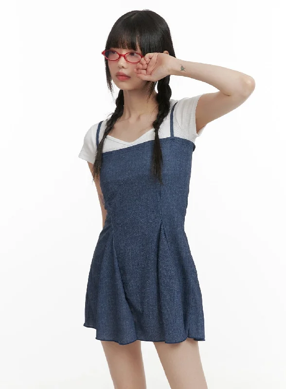 Women's mini dress bow pop -Denim Sleeveless Mini Dress CY414