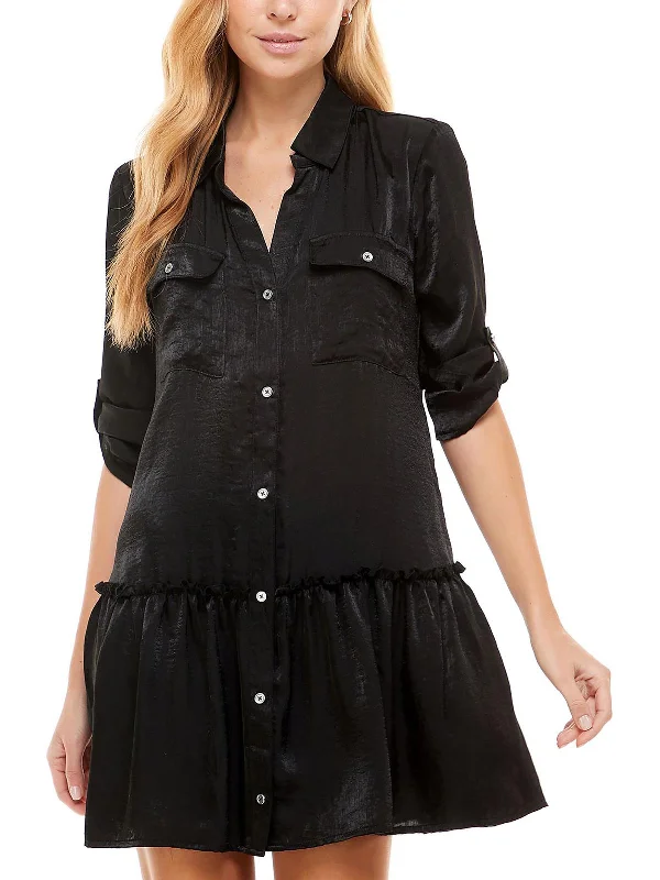 Women's shirt dress clean pop -Juniors Womens Shimmer Above Knee Shirtdress