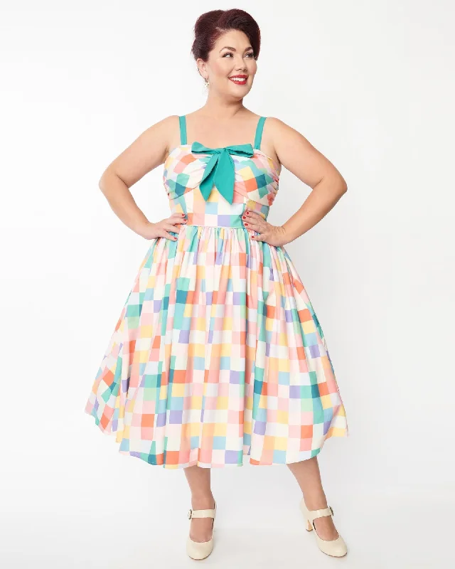 ladies-flared-dress-prom-petal-Unique Vintage Plus Size Pastel Rainbow Checkered Golightly Flare Dress | Pastel Rainbow Checkered