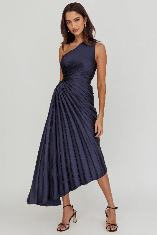 ladies-midi-dress-denim-dusk-Brooklynn One-Shoulder Accordion Pleat Midi Dress Navy