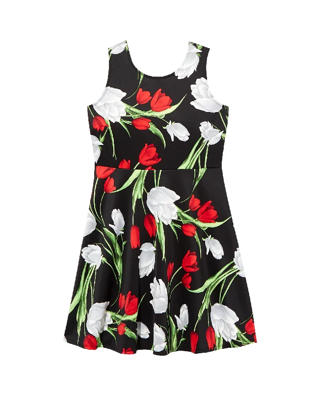 ladies-flared-dress-gold-glow-Belmont Fit and Flare Floral Dress | Black / Red