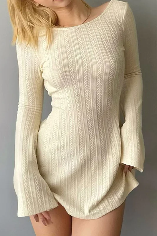 ladies-flared-dress-mauve-mirth-TastyHottie - Long Flares Sleeve Backless Cable Knit Dress