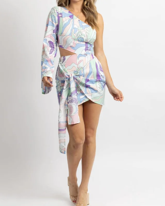 Women's mini dress star glow -One Sleeved Side-Tie Mini Dress In Pastel Print | Pastel Print