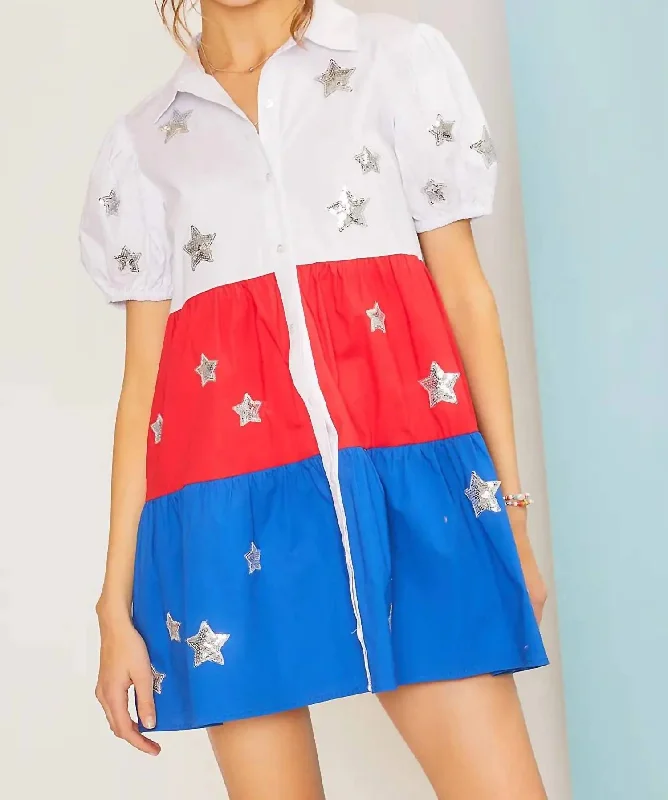 Women's shirt dress calm chic -Star Patch Shirt Dress In Multi