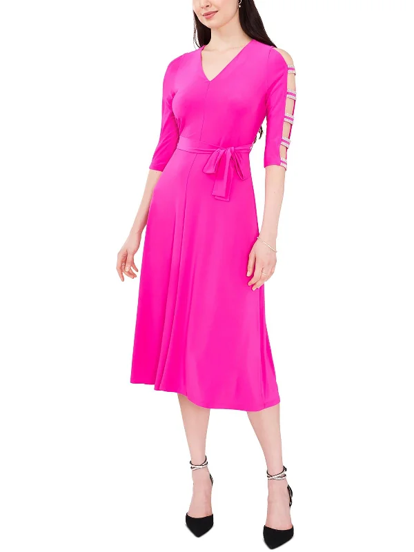 ladies-flared-dress-sky-silk-Petites Womens Stretch Midi Fit & Flare Dress