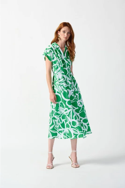 ladies-flared-dress-effortless-ember-Joseph Ribkoff Green/Vanilla Satin Floral Wrap Front Midi Fit & Flare Dress 242030