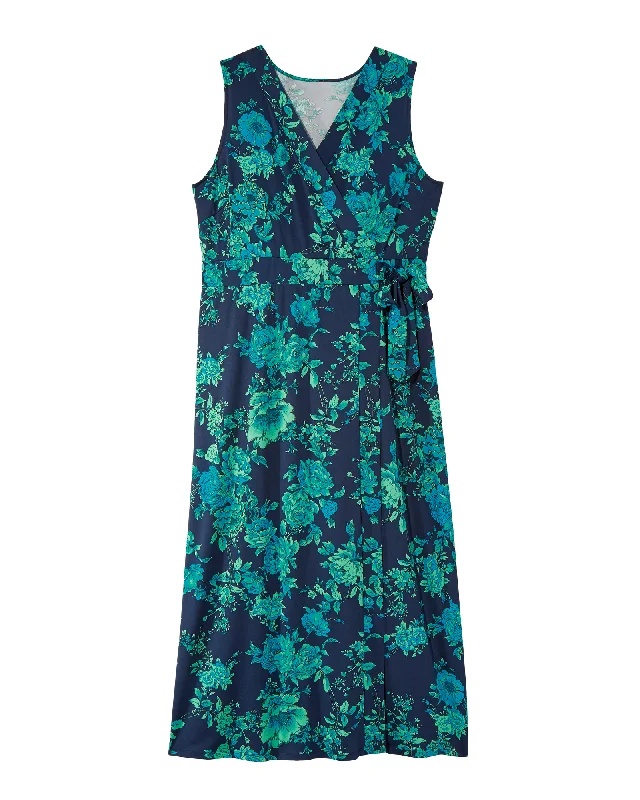 Women's maxi dress band flair -Juno Faux Wrap Maxi Dress | Navy / Teal