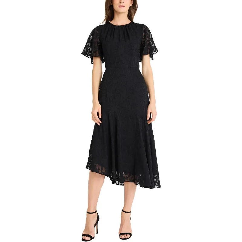 ladies-flared-dress-sheer-shimmer-Womens Embroidered Floral Fit & Flare Dress