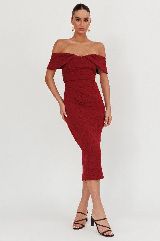 ladies-midi-dress-bell-sleeve-bliss-Lillianne Off-Shoulder Midi Dress Wine