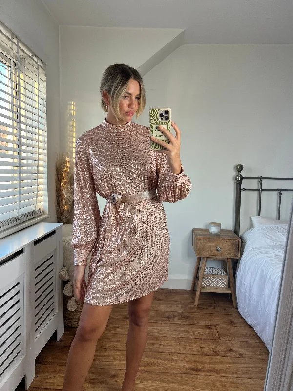 Women's mini dress wet flair -Hannah Sequin High Neck Mini Dress / Rose Gold