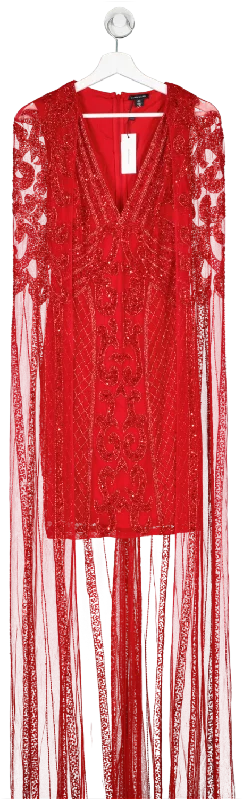 Women's maxi dress vast flair -Karen Millen Red Tail Embellished Maxi Dress With Cape UK 6