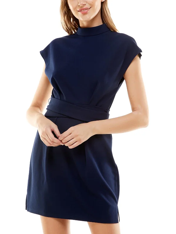 ladies-flared-dress-bright-breeze-Juniors Womens Mock-Neck Cap Sleeve Fit & Flare Dress