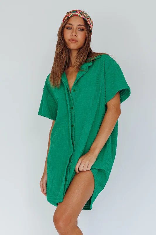 Women's shirt dress sheer glow -Sun Time Textured Shirt Dress Green