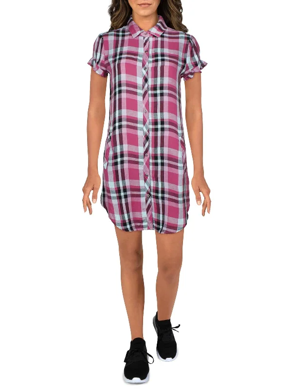 Women's shirt dress sip glow -Womens Linen Blend Plaid Shirtdress