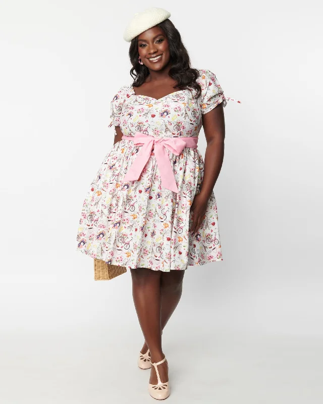 ladies-flared-dress-spring-sprout-Unique Vintage Plus Size White & Pink Paris Print Dakota Flare Dress | White & Pink Paris Print