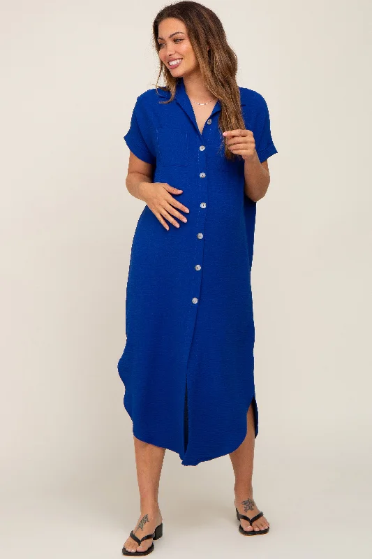 Women's maxi dress floor flair -Royal Blue Button Down Hi Low Maternity Maxi Dress