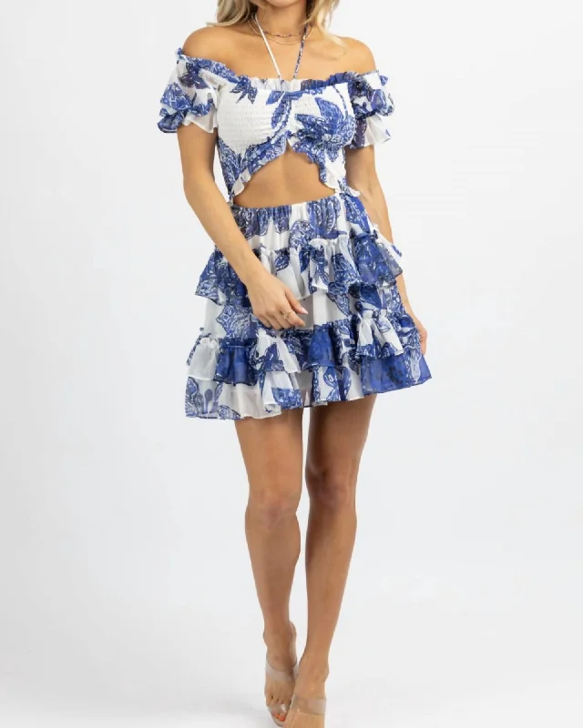 Women's mini dress dip flair -Smock Ruffle Tiered Mini Dress In White + Blue | White + Blue