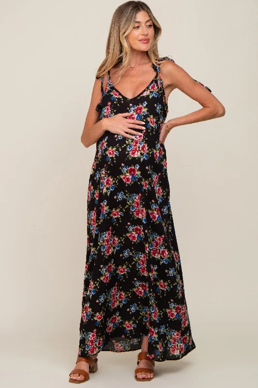 Women's maxi dress task glow -Black Floral Shoulder Tie Maternity Maxi Dress