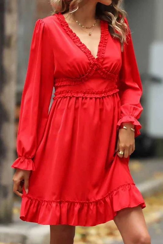 ladies-flared-dress-red-radiance-V NECK FRILL FLARE MIDI DRESS