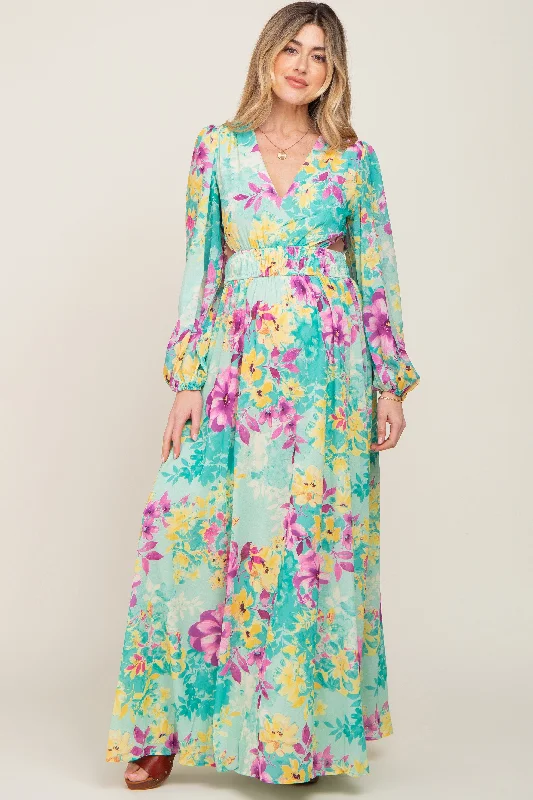 Women's maxi dress soft glow -Turquoise Floral Side Cutout Maternity Maxi Dress