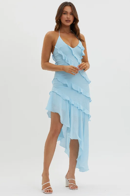 ladies-midi-dress-influencer-iris-Arrabel Tiered Ruffle Asymmetric Midi Dress Blue